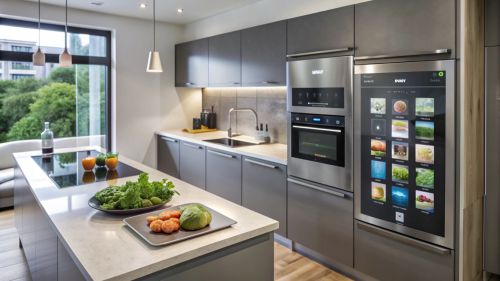 Modern kitchen with stainless steel appliances and a large window